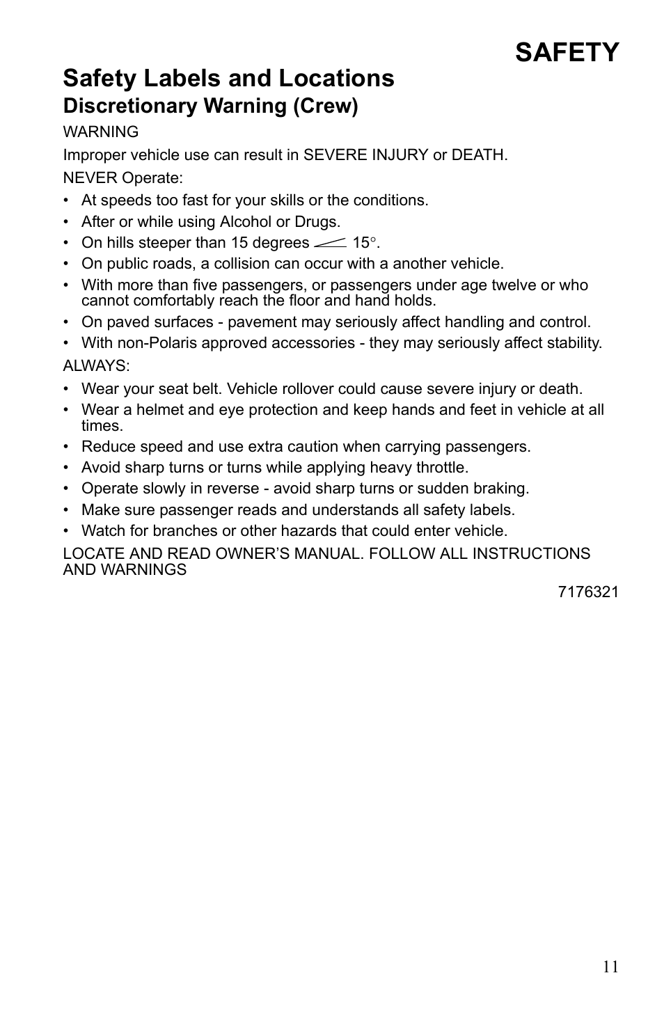 Safety, Safety labels and locations, Discretionary warning (crew) | Polaris 2010 Ranger XP User Manual | Page 15 / 139