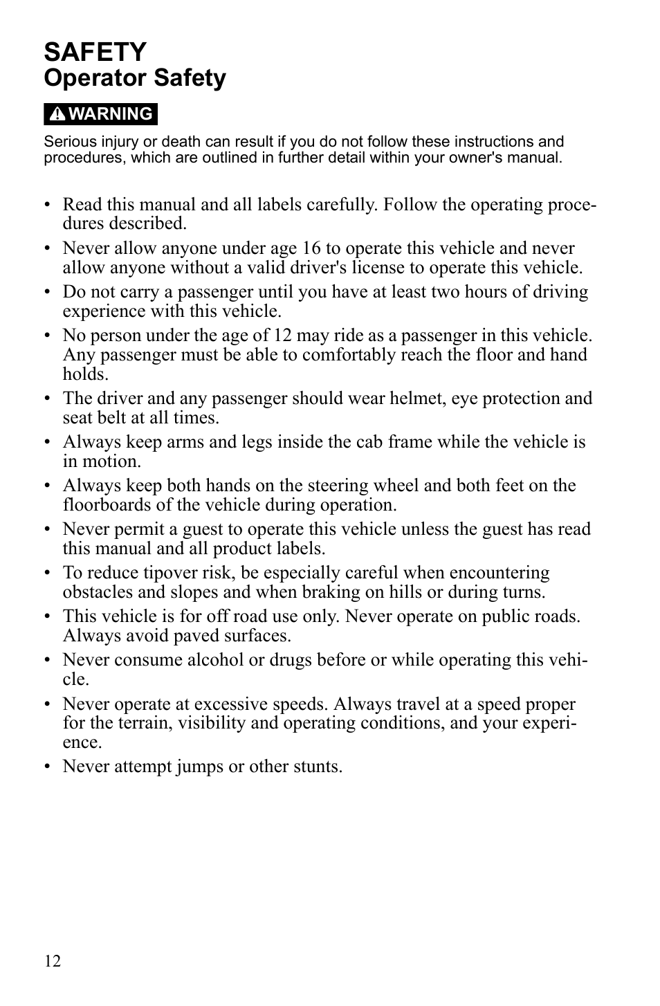 Safety, Operator safety | Polaris 2010 Ranger XP User Manual | Page 16 / 139