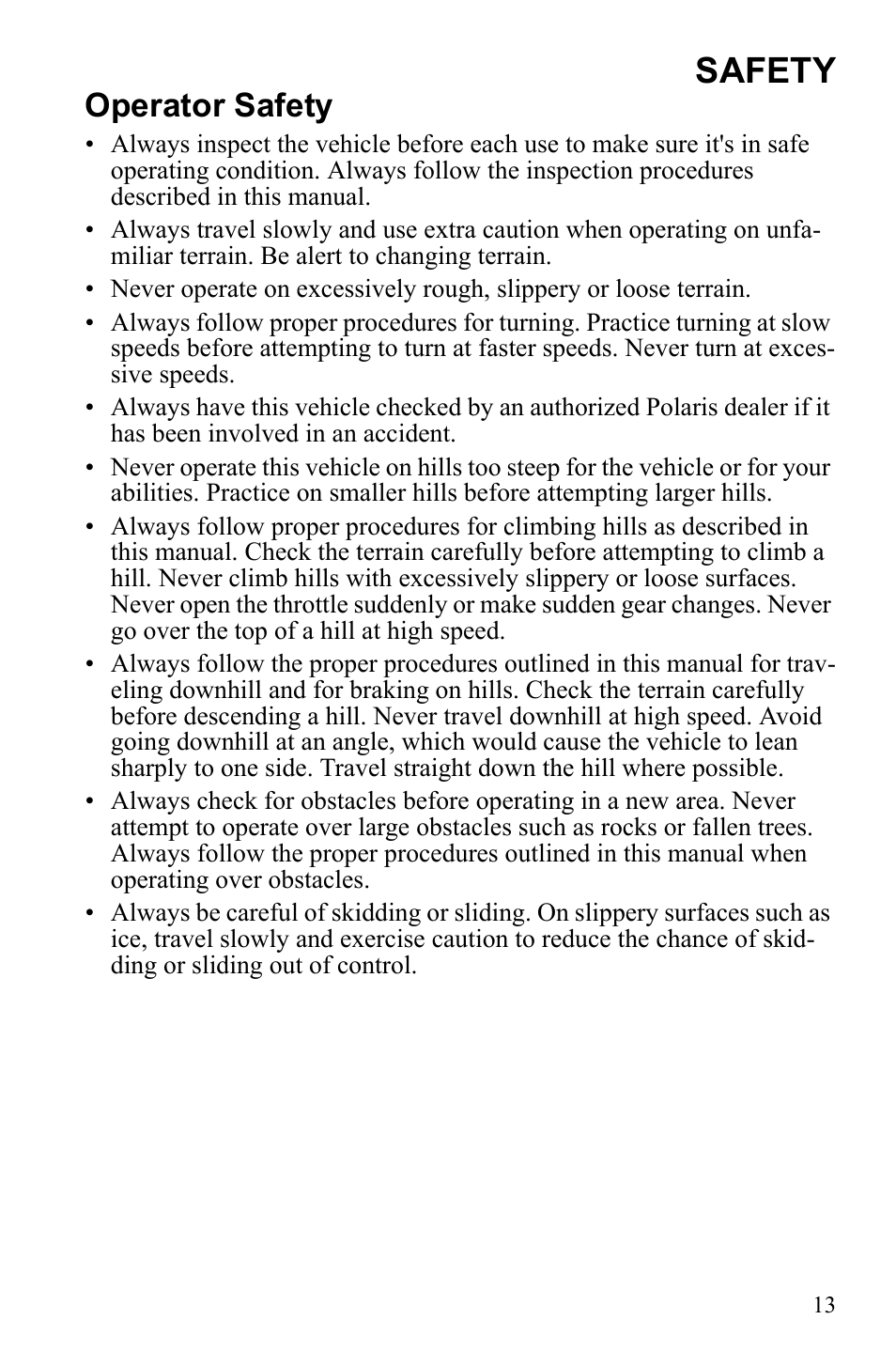 Safety, Operator safety | Polaris 2010 Ranger XP User Manual | Page 17 / 139