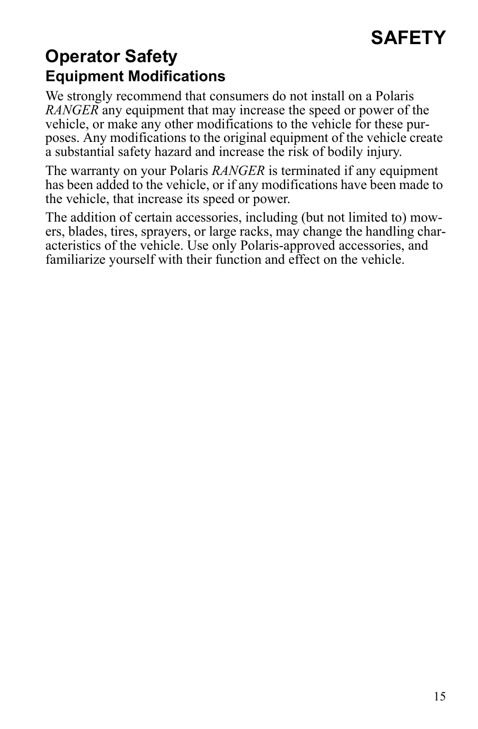 Safety, Operator safety | Polaris 2010 Ranger XP User Manual | Page 19 / 139