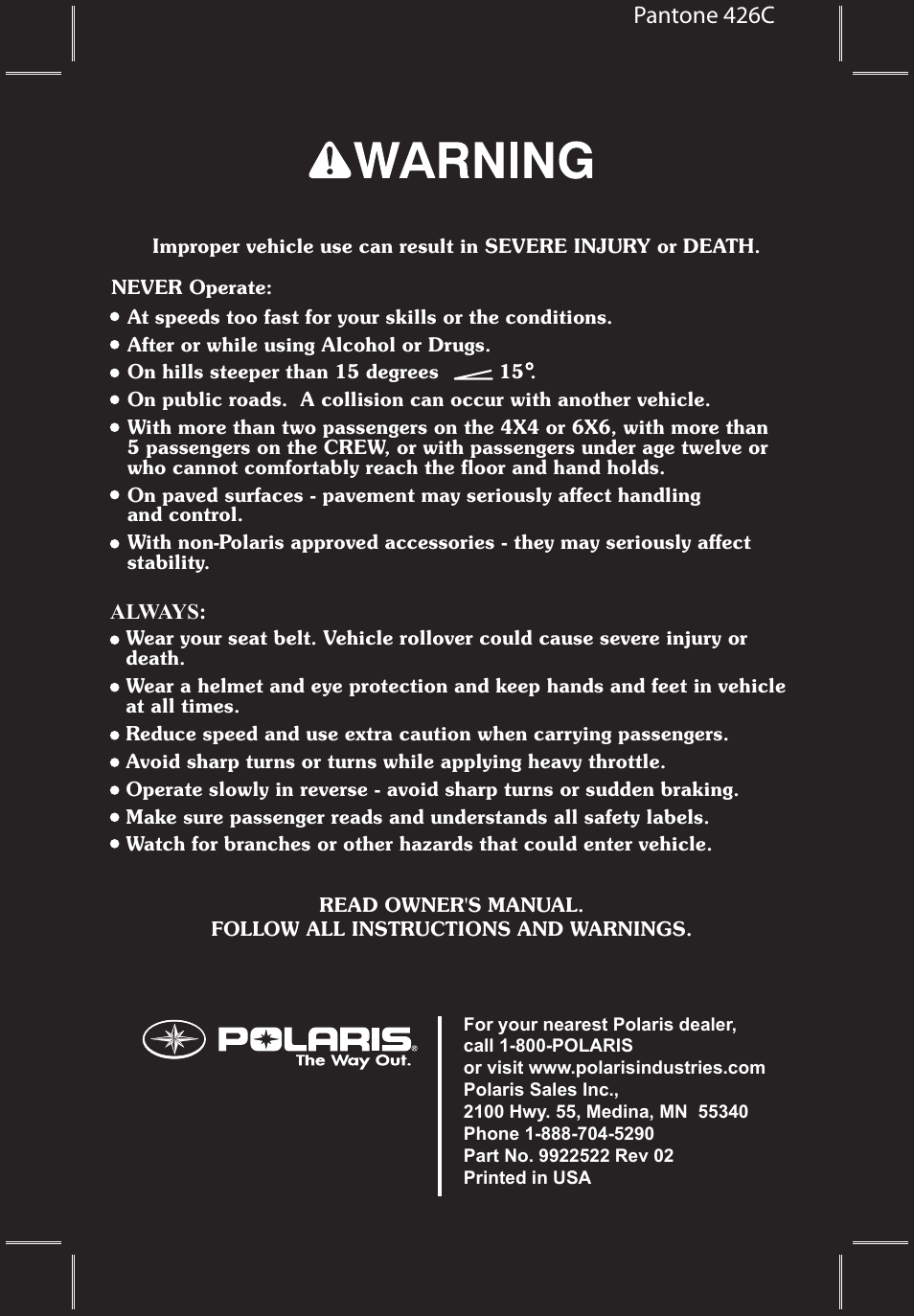 Pantone 426c | Polaris 2010 Ranger XP User Manual | Page 2 / 139