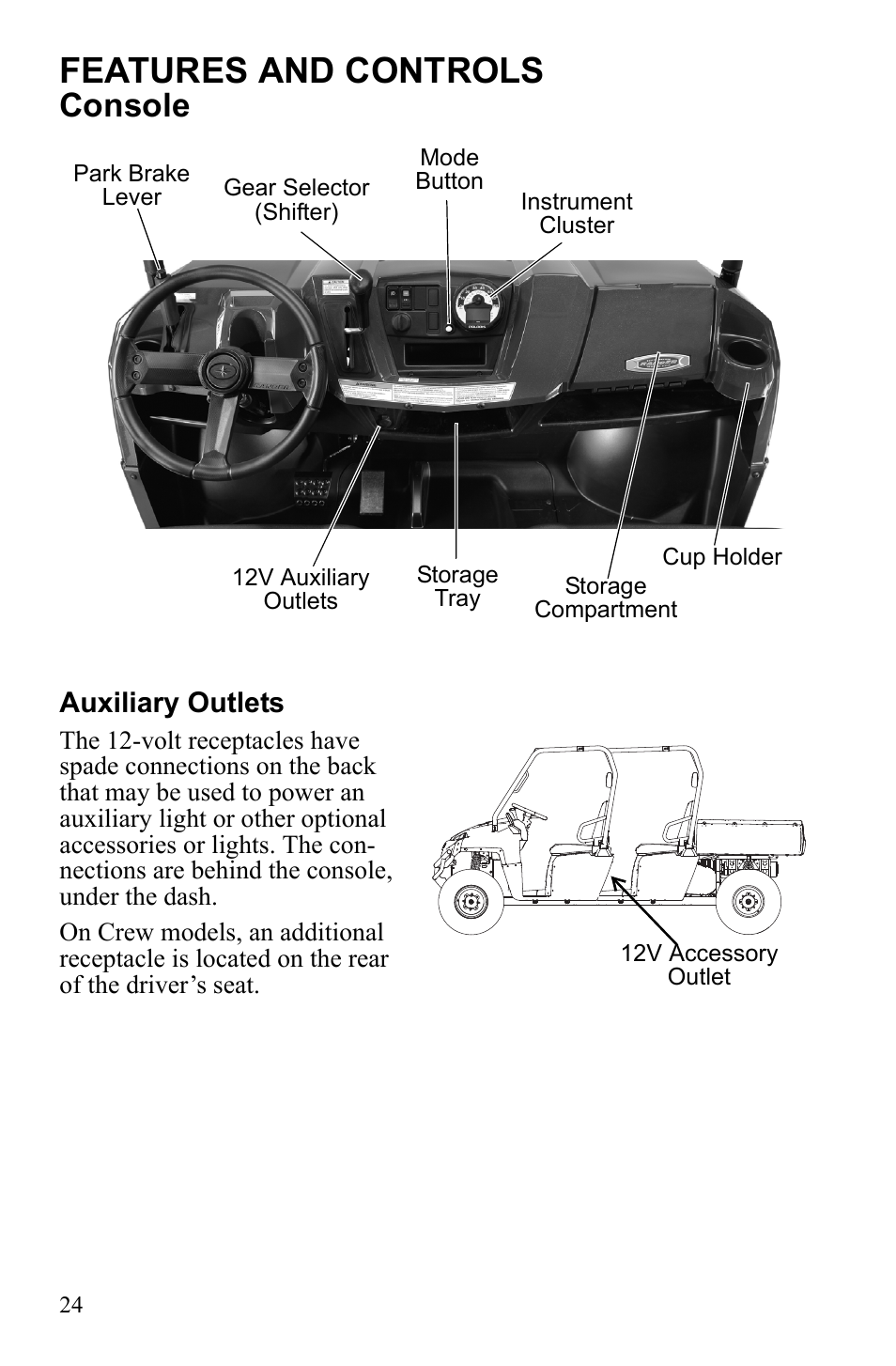 Features and controls, Console, Auxiliary outlets | Polaris 2010 Ranger XP User Manual | Page 28 / 139