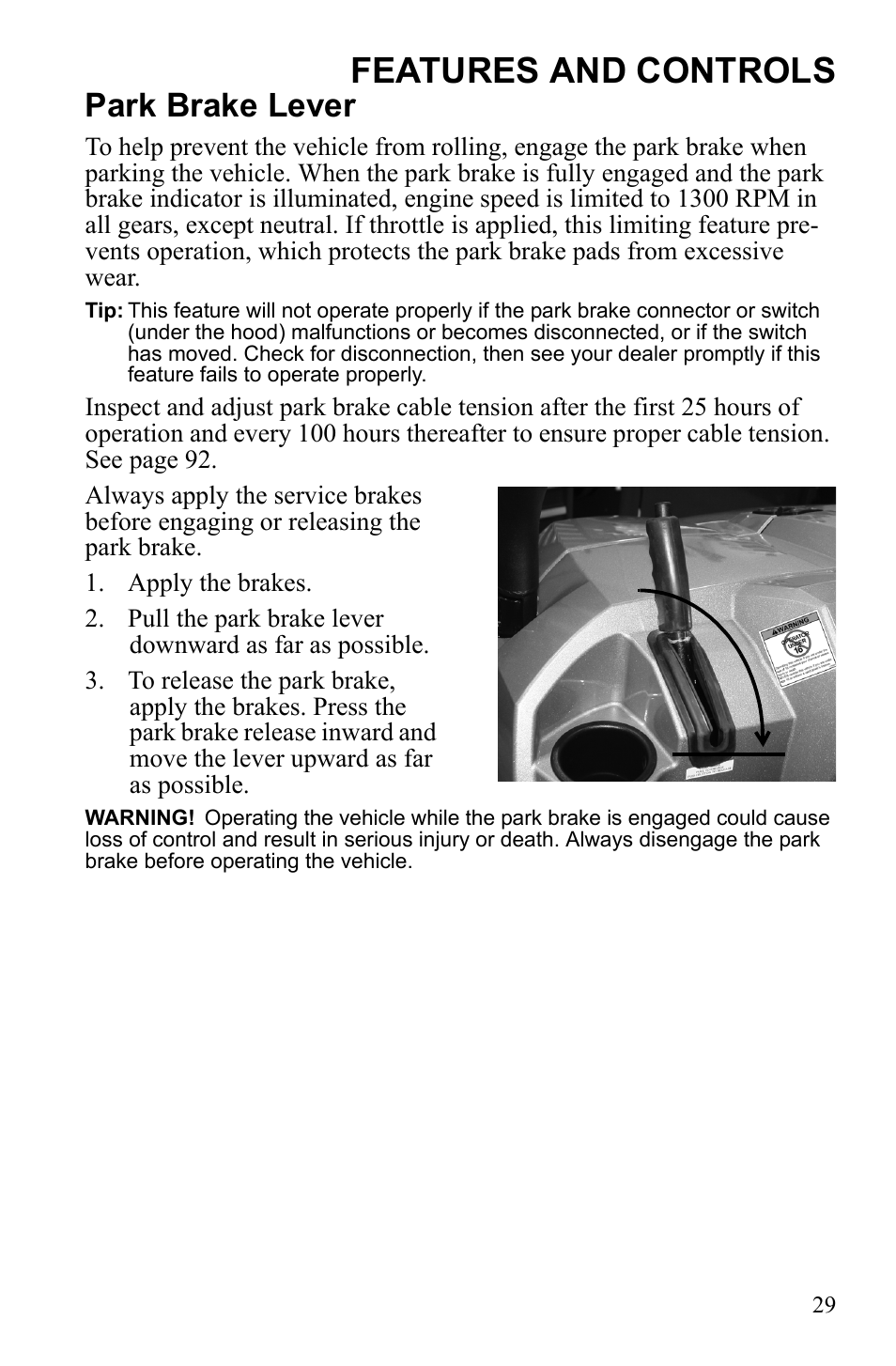 Features and controls, Park brake lever | Polaris 2010 Ranger XP User Manual | Page 33 / 139