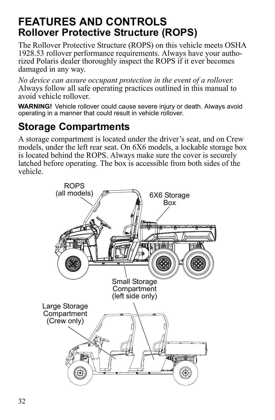 Features and controls, Rollover protective structure (rops), Storage compartments | Polaris 2010 Ranger XP User Manual | Page 36 / 139