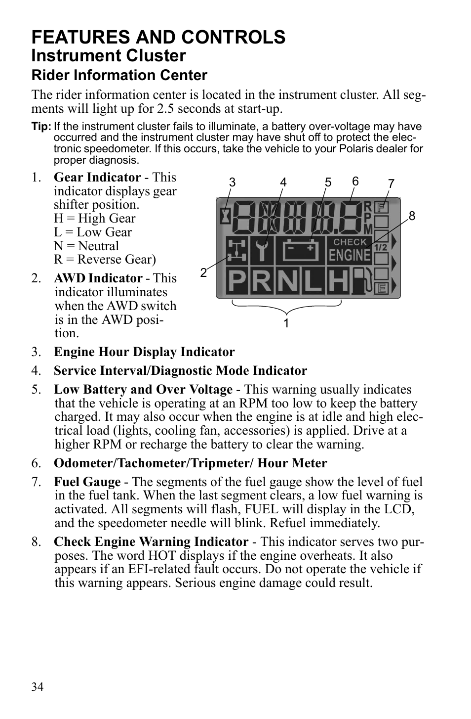 Features and controls, Instrument cluster | Polaris 2010 Ranger XP User Manual | Page 38 / 139