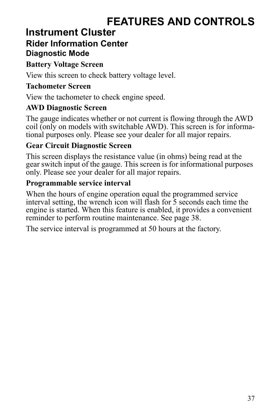 Features and controls, Instrument cluster | Polaris 2010 Ranger XP User Manual | Page 41 / 139