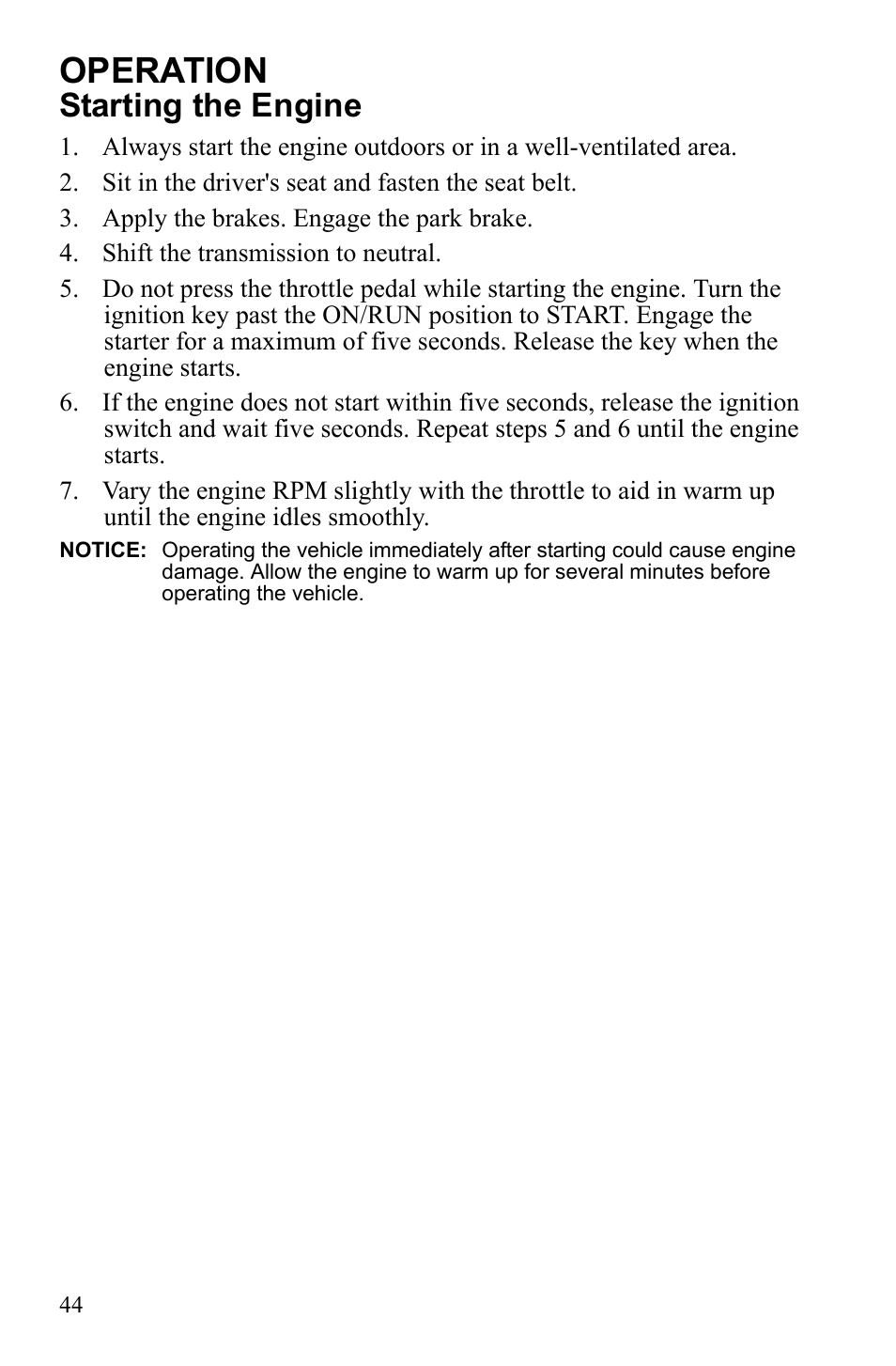 Operation, Starting the engine | Polaris 2010 Ranger XP User Manual | Page 48 / 139