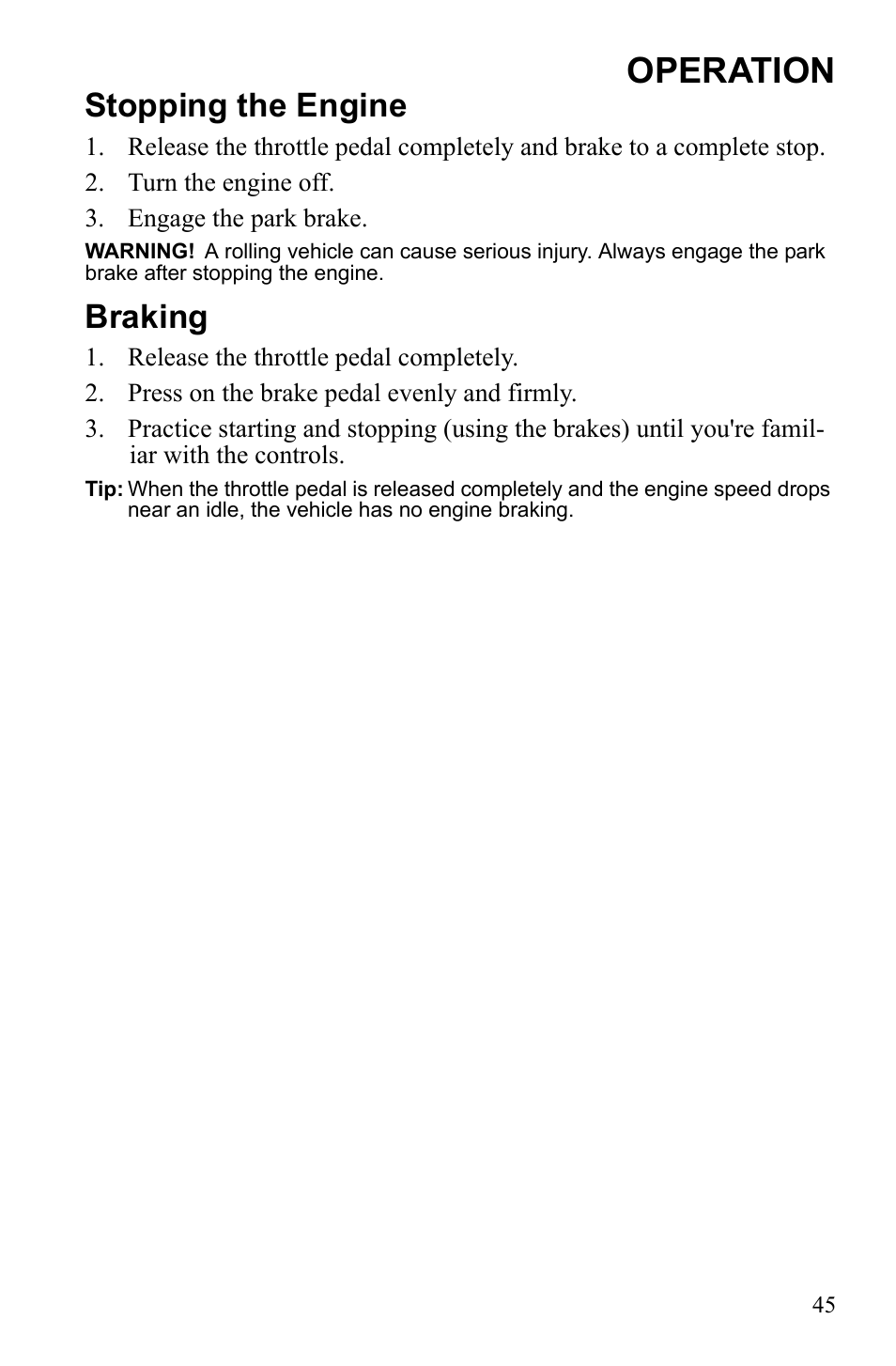 Operation, Stopping the engine, Braking | Polaris 2010 Ranger XP User Manual | Page 49 / 139