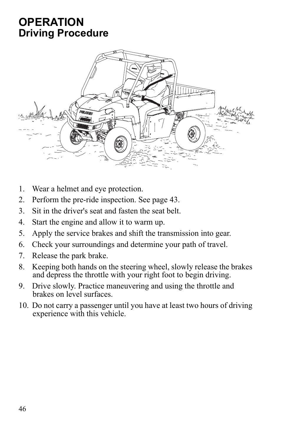 Operation, Driving procedure | Polaris 2010 Ranger XP User Manual | Page 50 / 139