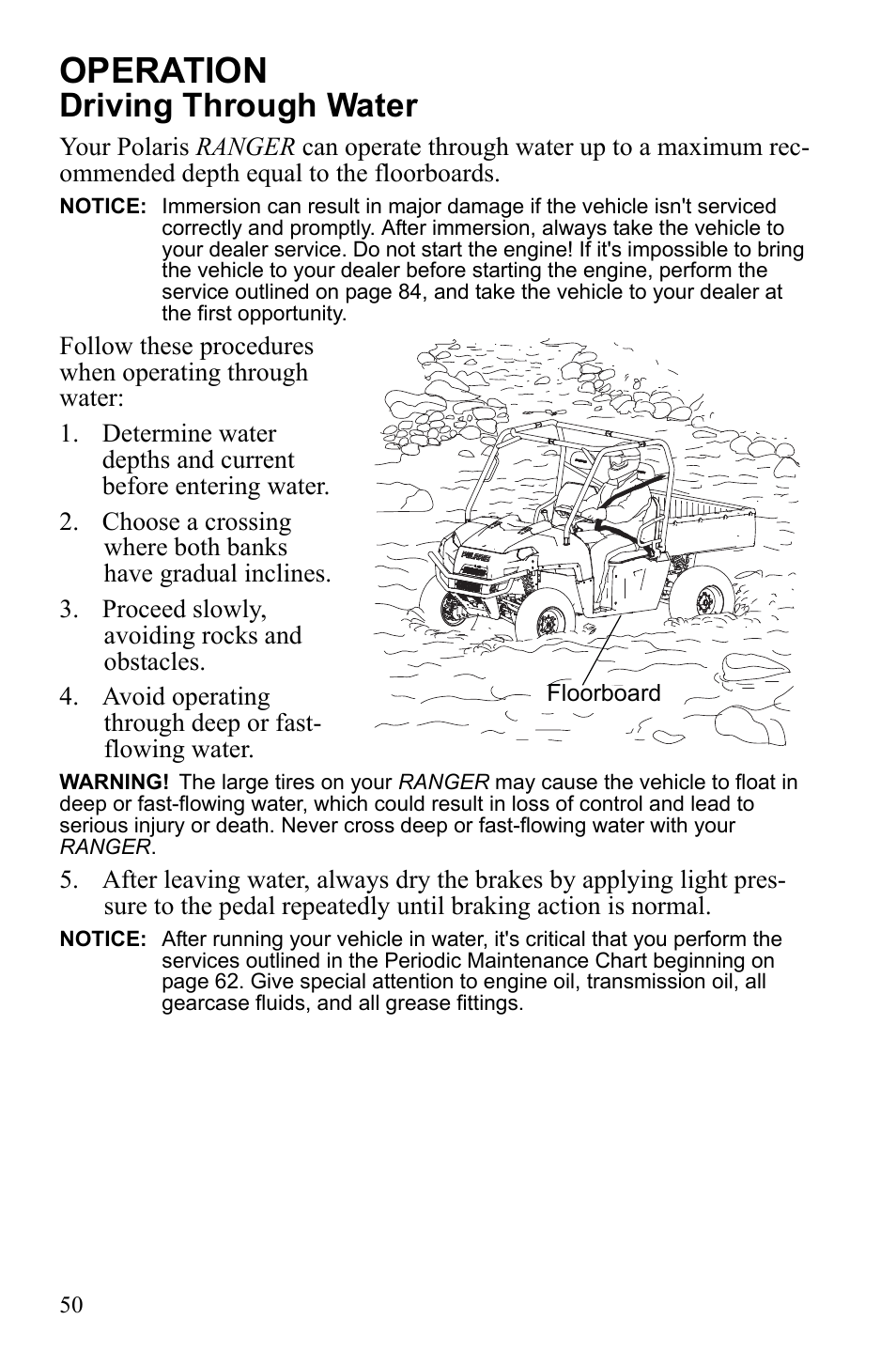 Operation, Driving through water | Polaris 2010 Ranger XP User Manual | Page 54 / 139