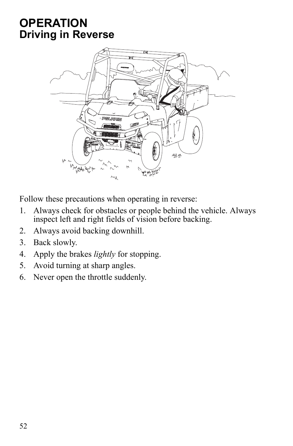 Operation, Driving in reverse | Polaris 2010 Ranger XP User Manual | Page 56 / 139