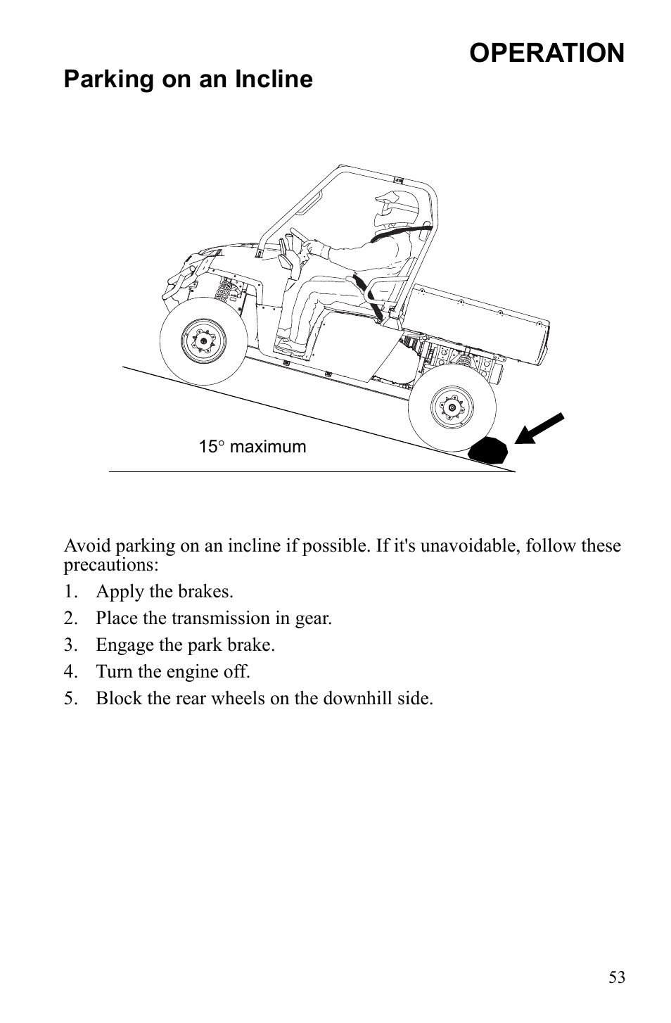 Operation, Parking on an incline | Polaris 2010 Ranger XP User Manual | Page 57 / 139