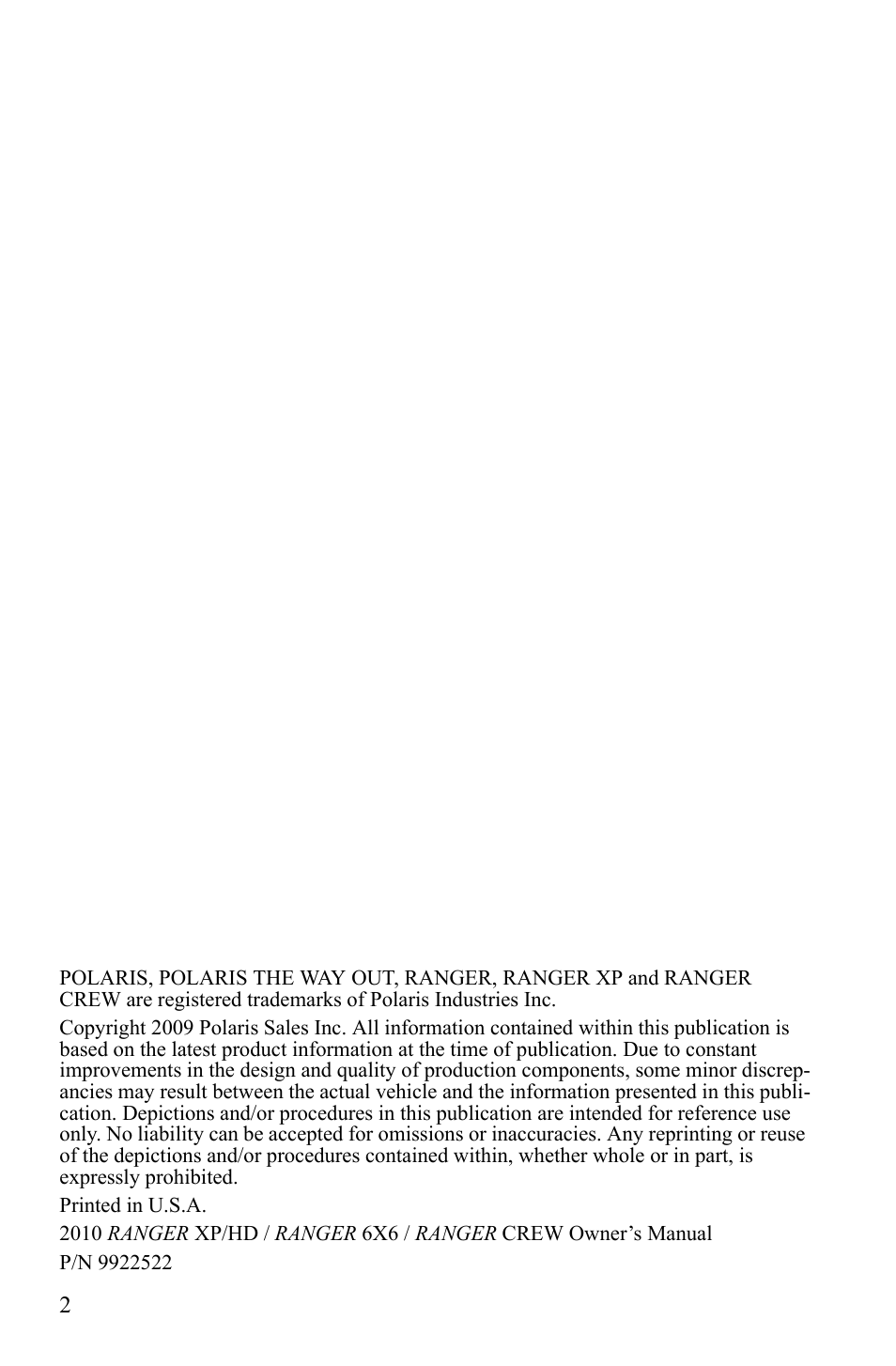 Polaris 2010 Ranger XP User Manual | Page 6 / 139