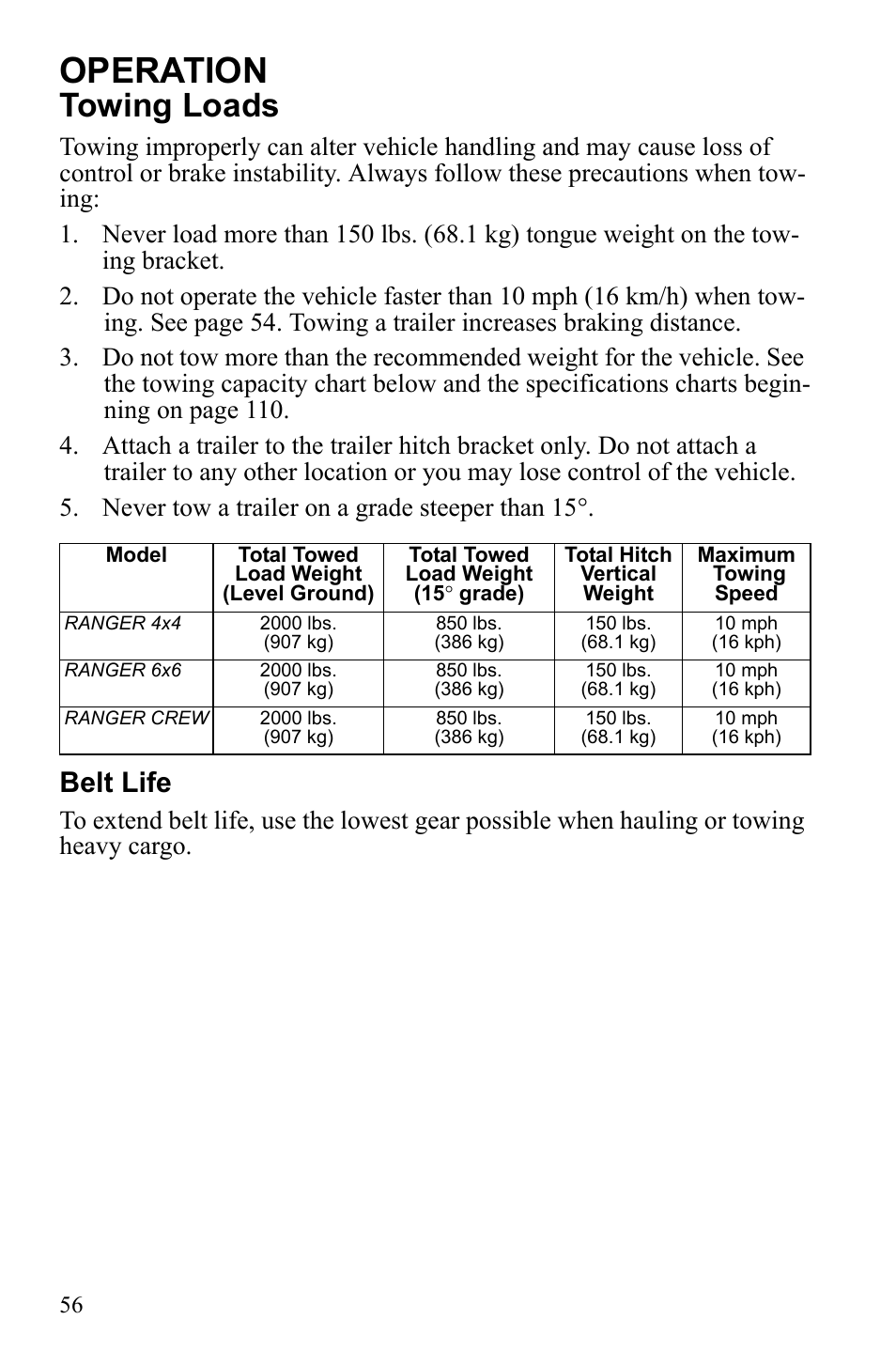 Operation, Towing loads, Belt life | Polaris 2010 Ranger XP User Manual | Page 60 / 139