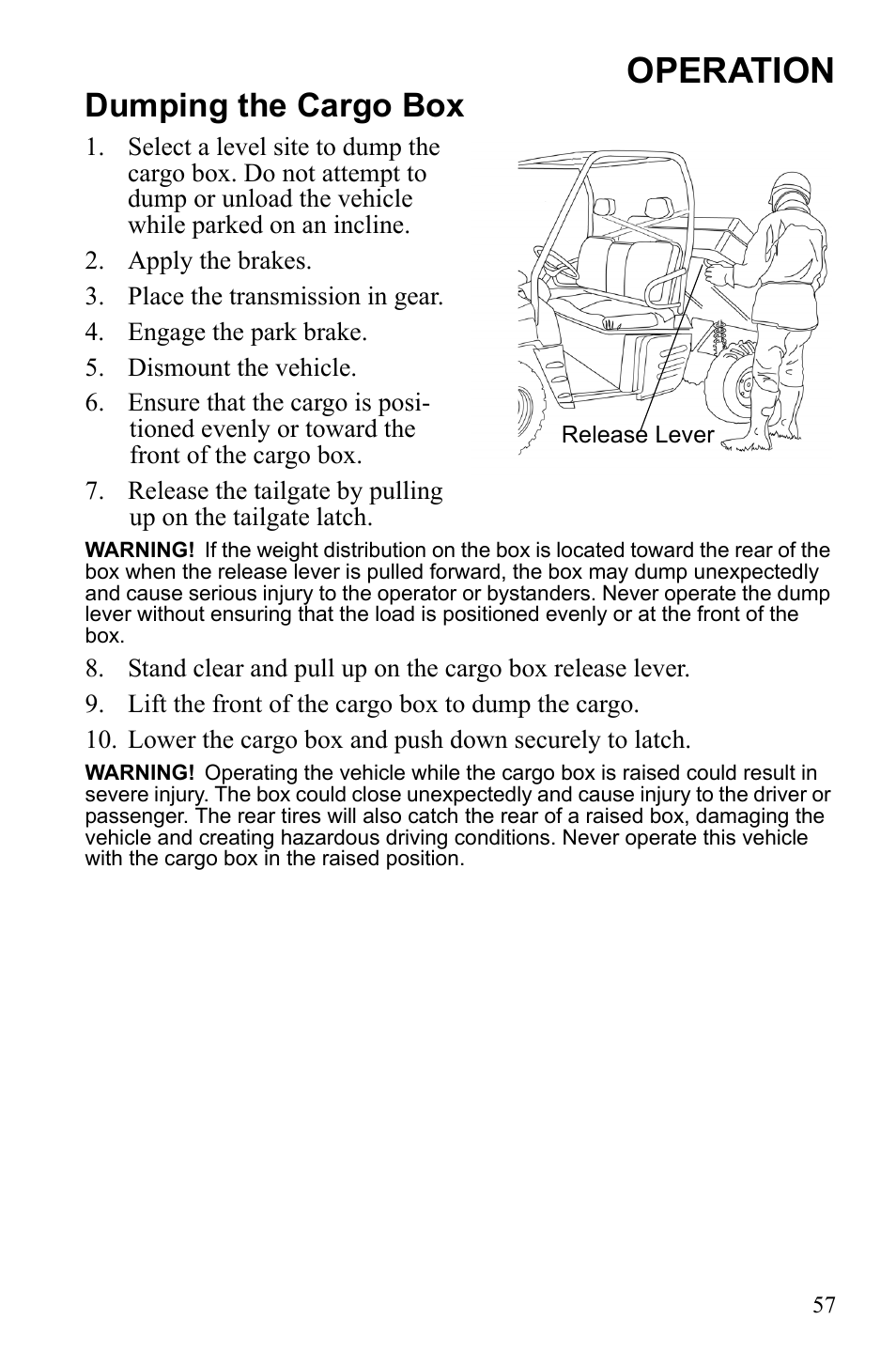 Operation, Dumping the cargo box | Polaris 2010 Ranger XP User Manual | Page 61 / 139