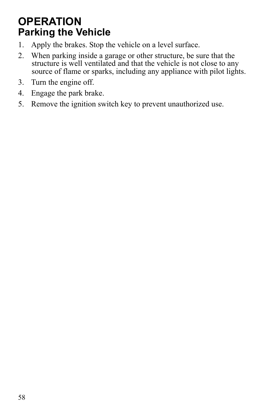 Operation, Parking the vehicle | Polaris 2010 Ranger XP User Manual | Page 62 / 139