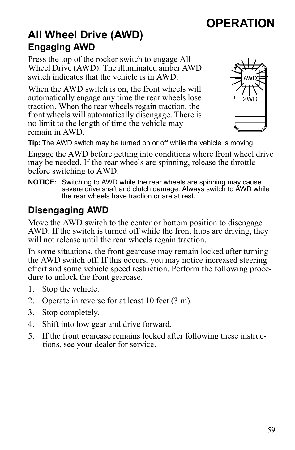 Operation, All wheel drive (awd) | Polaris 2010 Ranger XP User Manual | Page 63 / 139