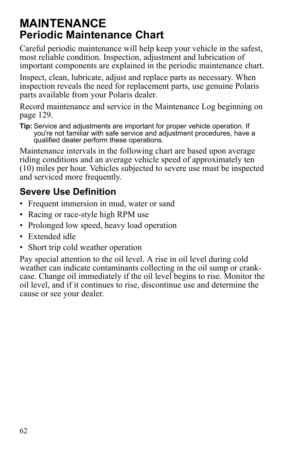 Maintenance, Periodic maintenance chart | Polaris 2010 Ranger XP User Manual | Page 66 / 139