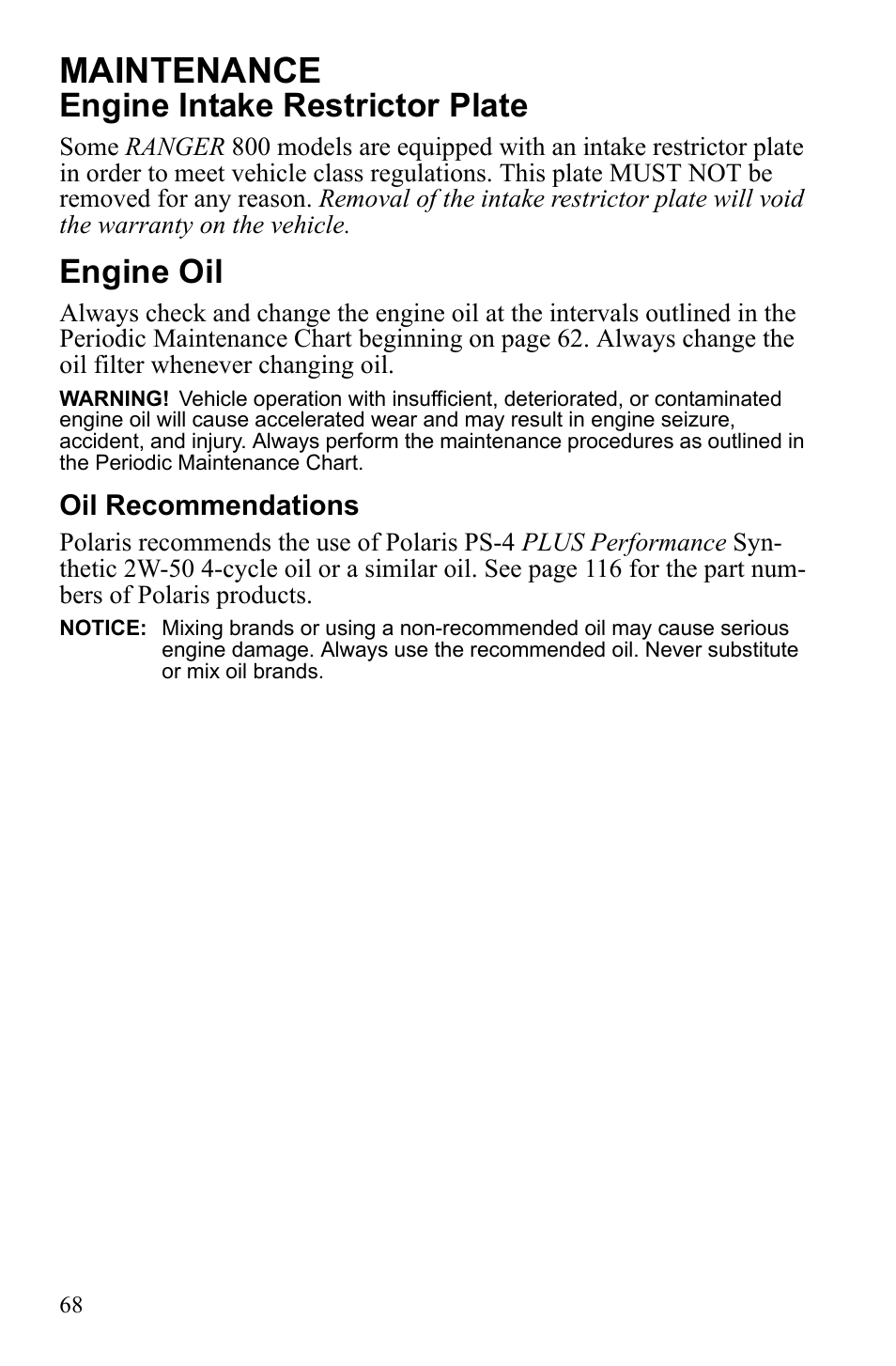 Maintenance, Engine intake restrictor plate, Engine oil | Polaris 2010 Ranger XP User Manual | Page 72 / 139