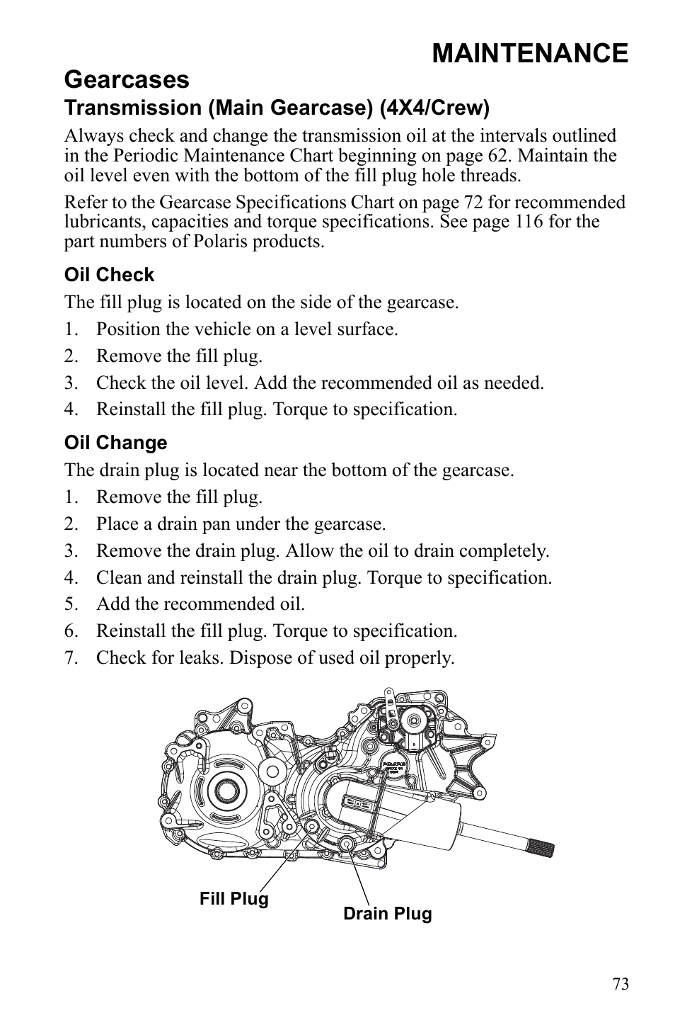 Maintenance, Gearcases | Polaris 2010 Ranger XP User Manual | Page 77 / 139