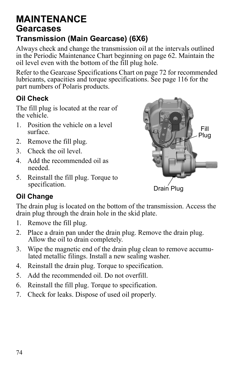 Maintenance, Gearcases | Polaris 2010 Ranger XP User Manual | Page 78 / 139