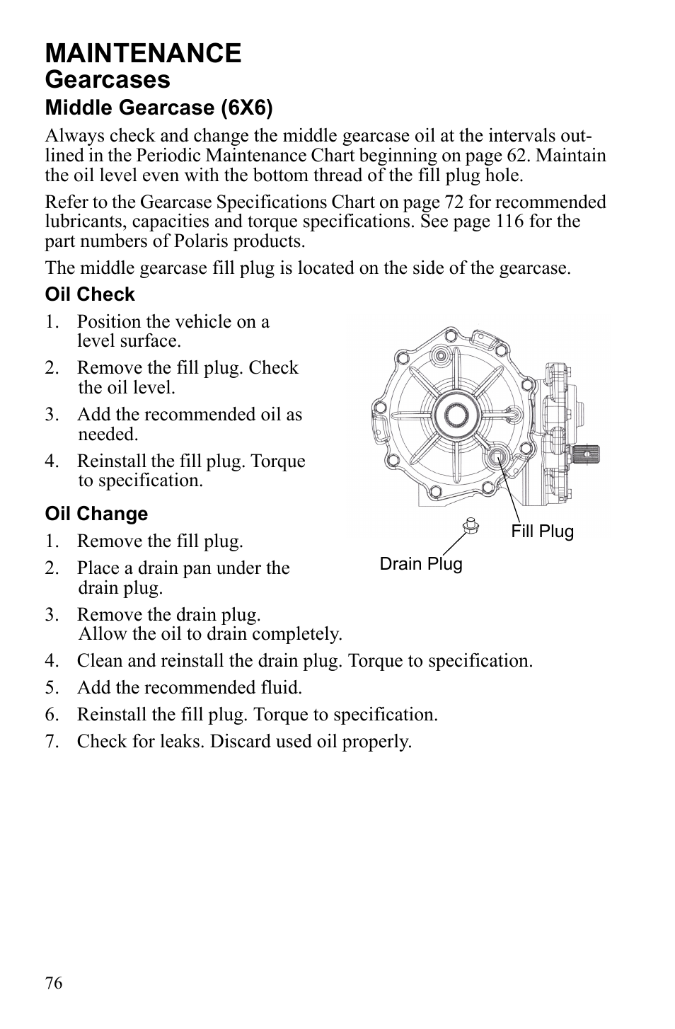 Maintenance, Gearcases | Polaris 2010 Ranger XP User Manual | Page 80 / 139