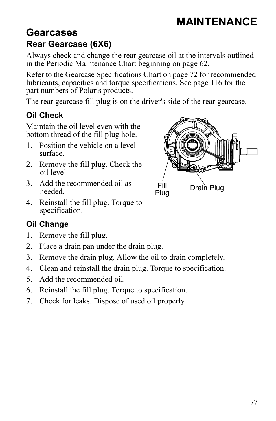 Maintenance, Gearcases | Polaris 2010 Ranger XP User Manual | Page 81 / 139