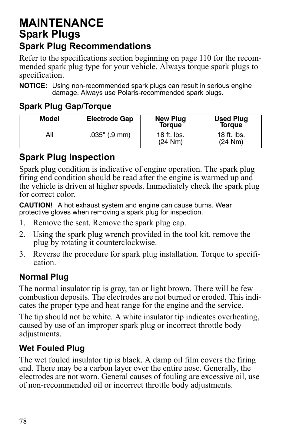 Maintenance, Spark plugs, Spark plug recommendations | Spark plug inspection | Polaris 2010 Ranger XP User Manual | Page 82 / 139