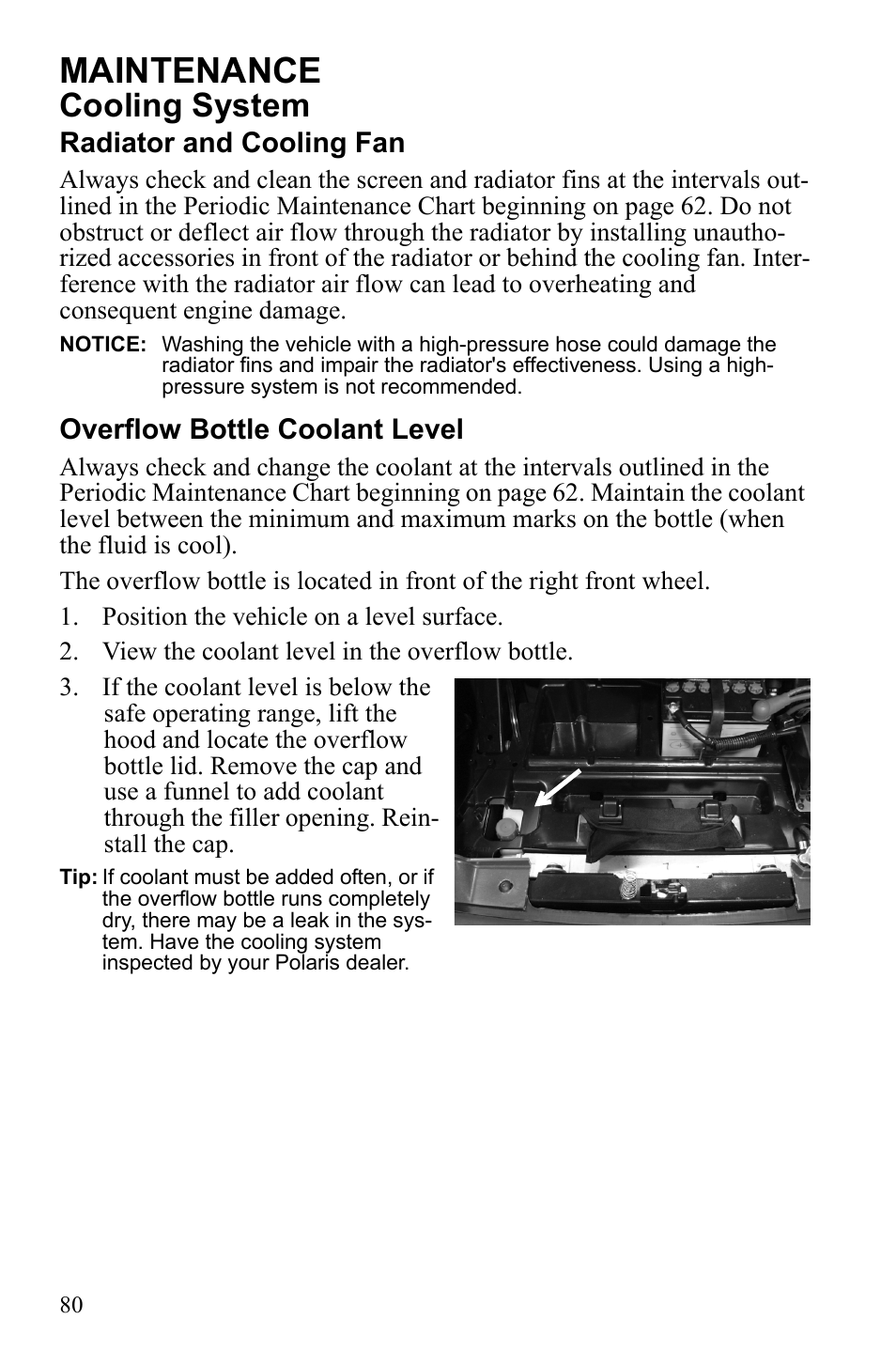 Maintenance, Cooling system, Radiator and cooling fan | Overflow bottle coolant level | Polaris 2010 Ranger XP User Manual | Page 84 / 139