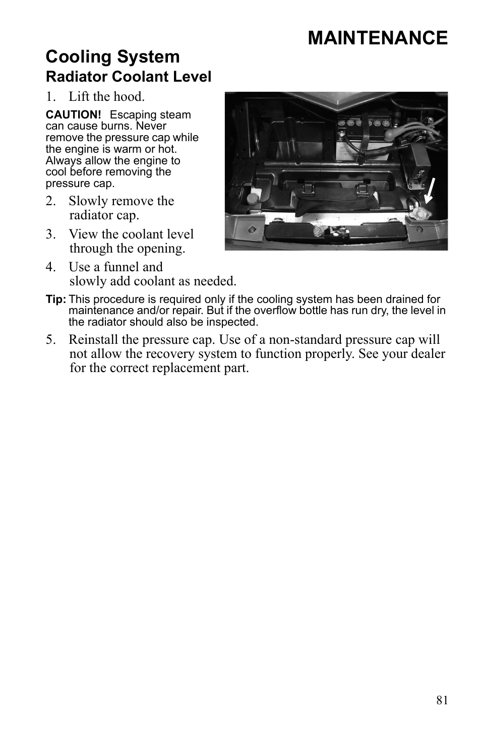 Maintenance, Cooling system, Radiator coolant level | Polaris 2010 Ranger XP User Manual | Page 85 / 139