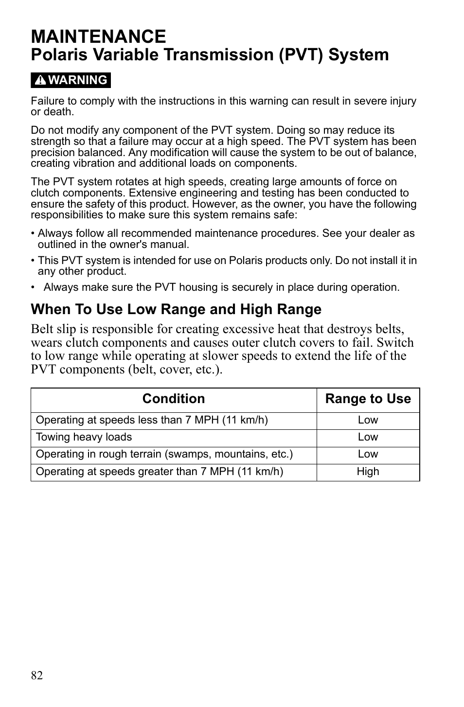 Maintenance, Polaris variable transmission (pvt) system, When to use low range and high range | Polaris 2010 Ranger XP User Manual | Page 86 / 139