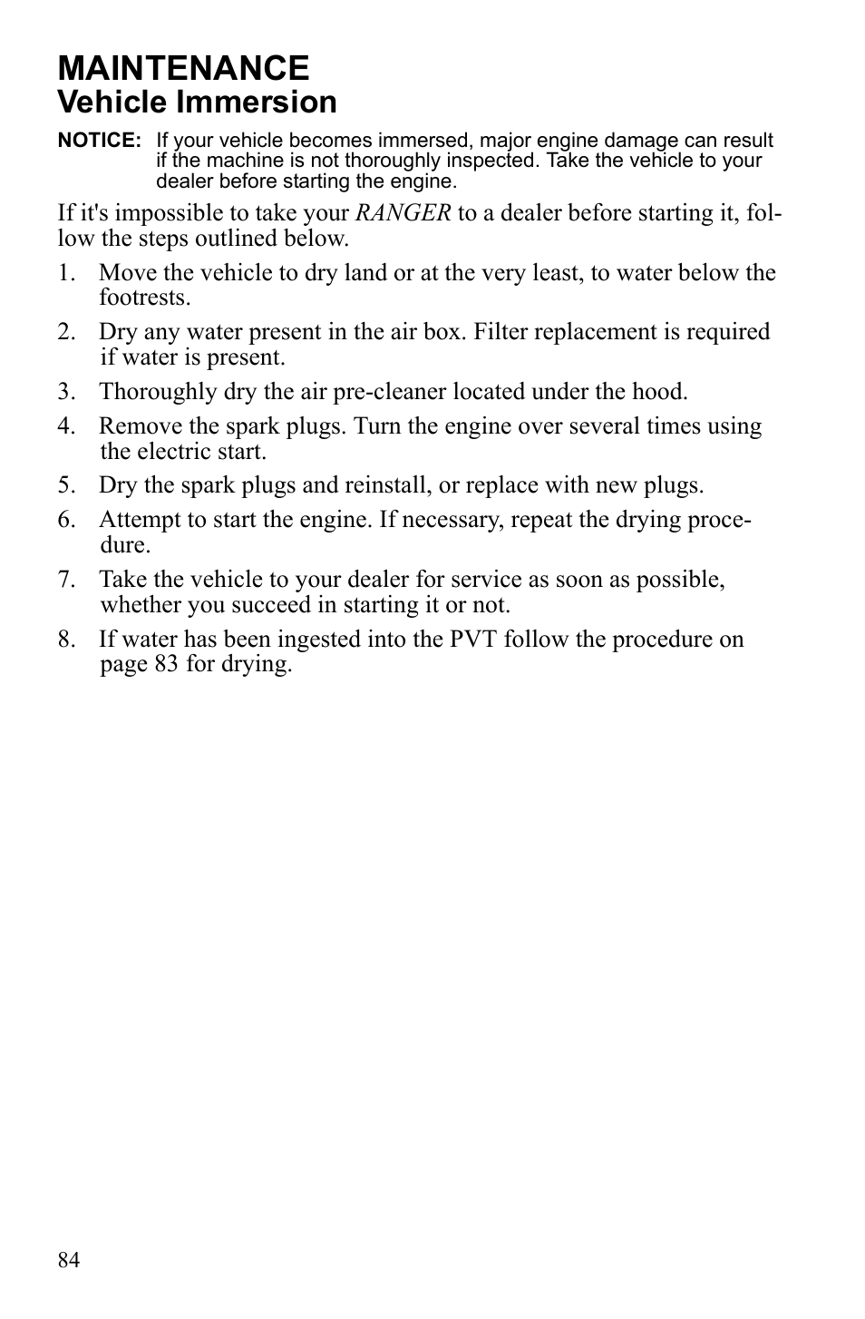 Maintenance, Vehicle immersion | Polaris 2010 Ranger XP User Manual | Page 88 / 139