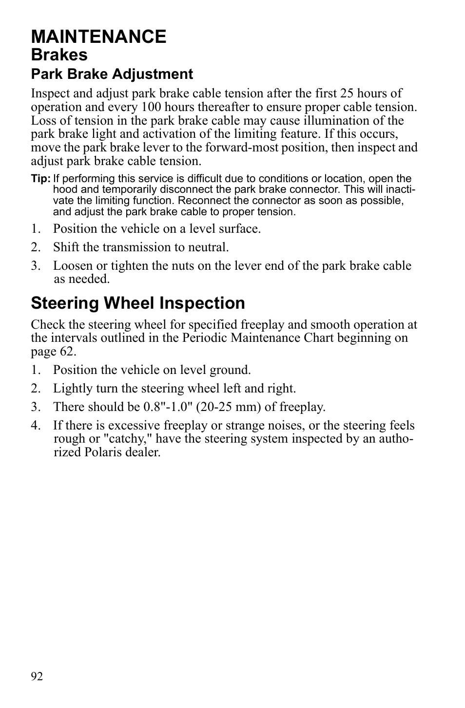 Maintenance, Brakes, Steering wheel inspection | Polaris 2010 Ranger XP User Manual | Page 96 / 139