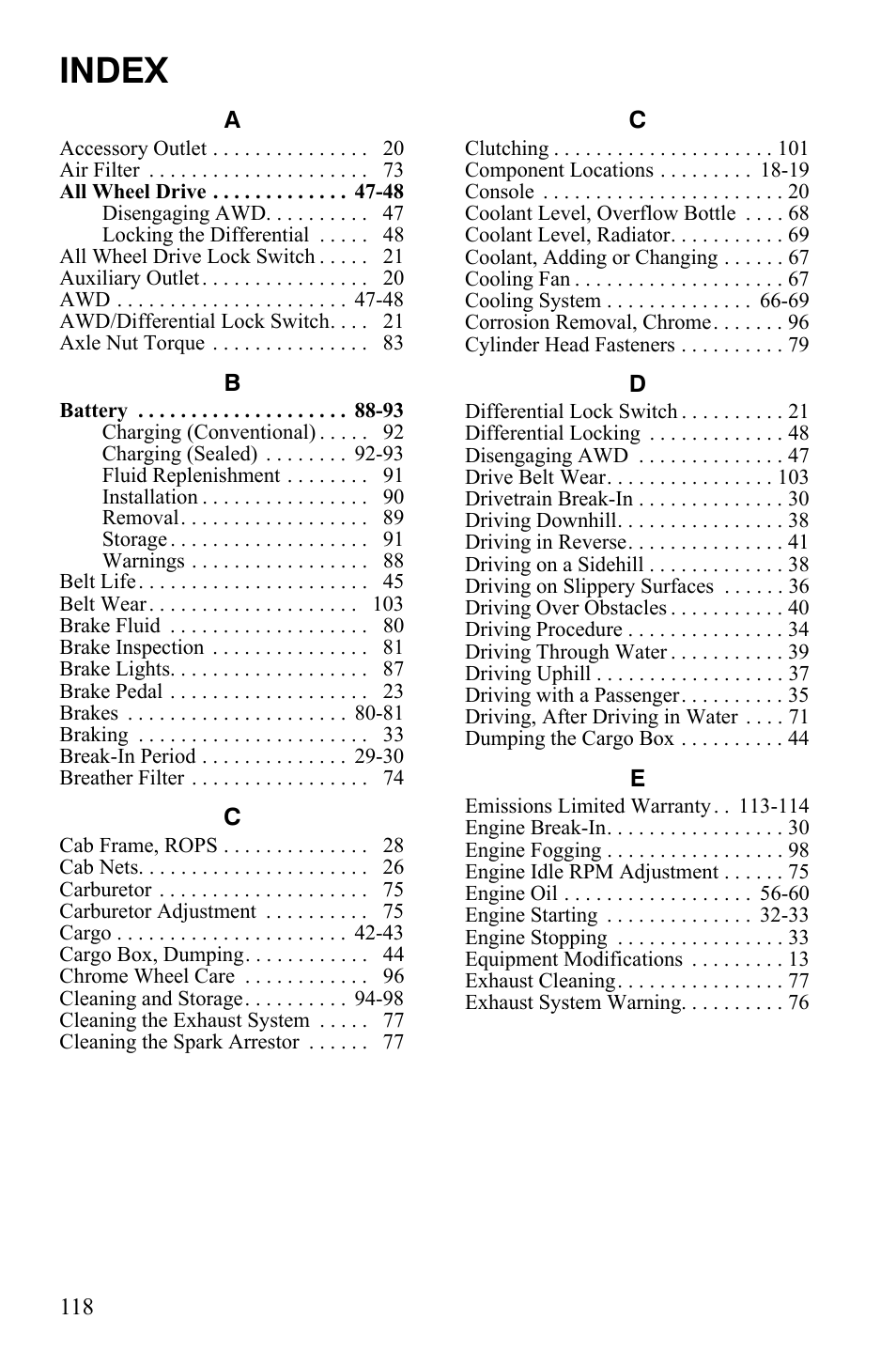 Index | Polaris 2011 Ranger 400 User Manual | Page 122 / 125