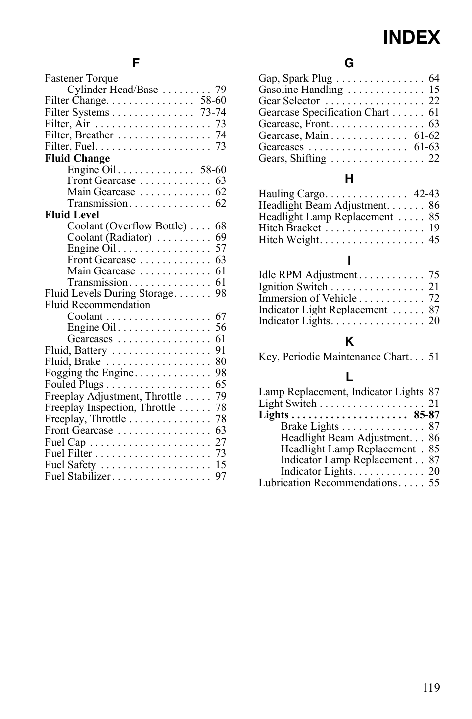 Index | Polaris 2011 Ranger 400 User Manual | Page 123 / 125