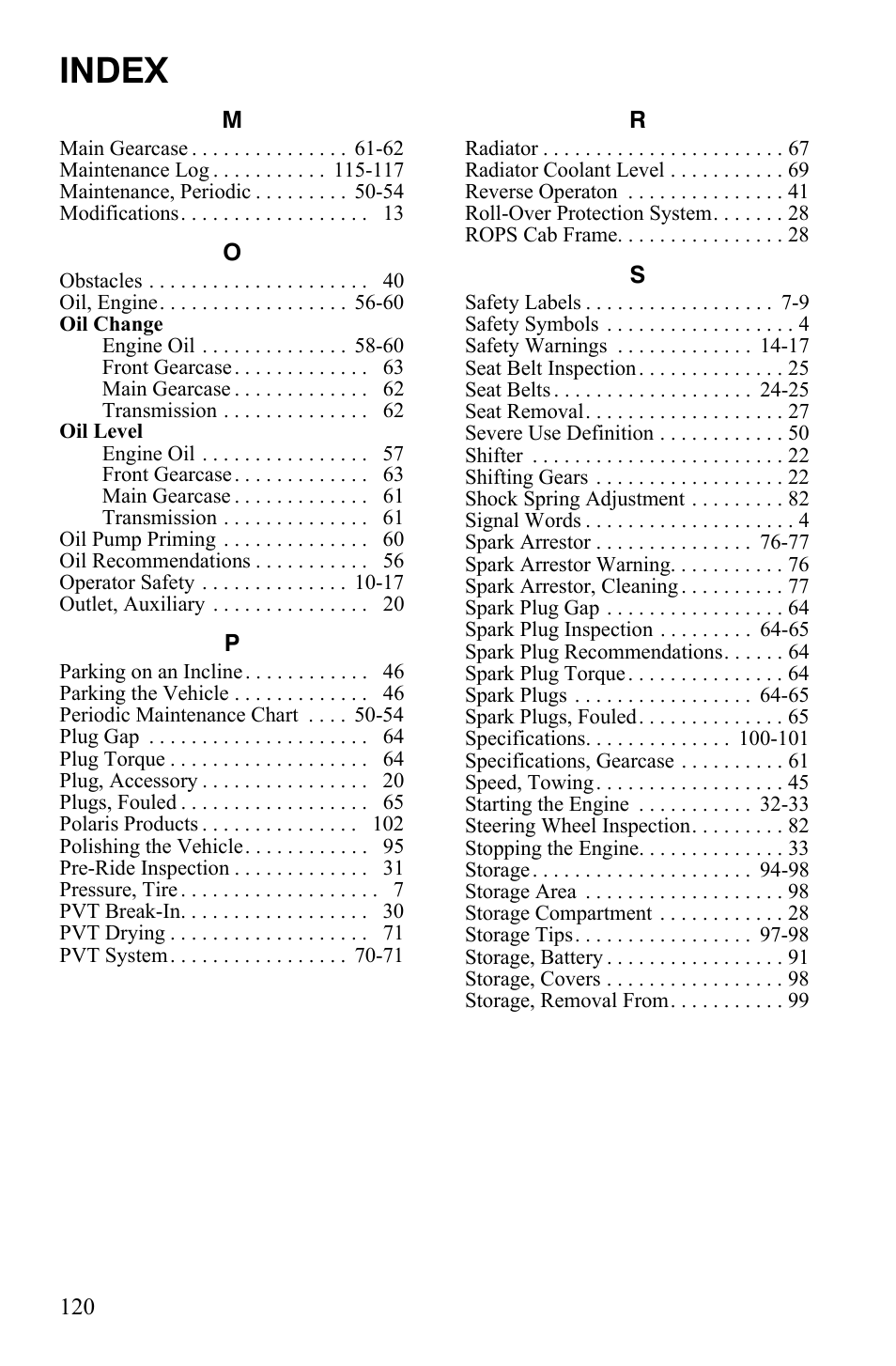 Index | Polaris 2011 Ranger 400 User Manual | Page 124 / 125