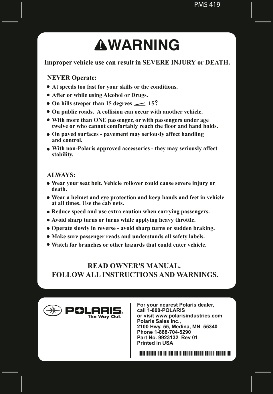 Warning, Pms 419 | Polaris 2011 Ranger 400 User Manual | Page 4 / 125