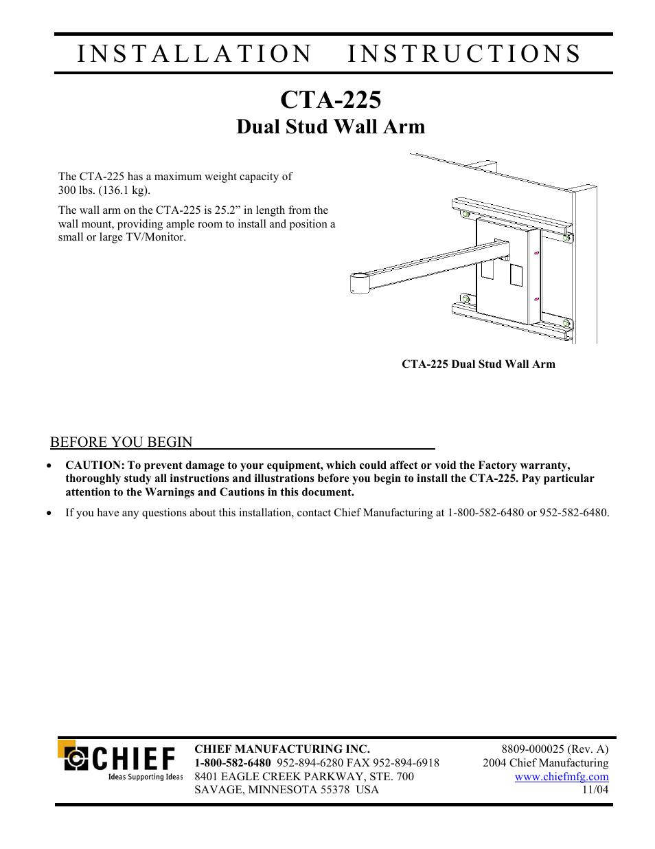 Chief Manufacturing Dual Stud Wall Arm CTA-225 User Manual | 8 pages
