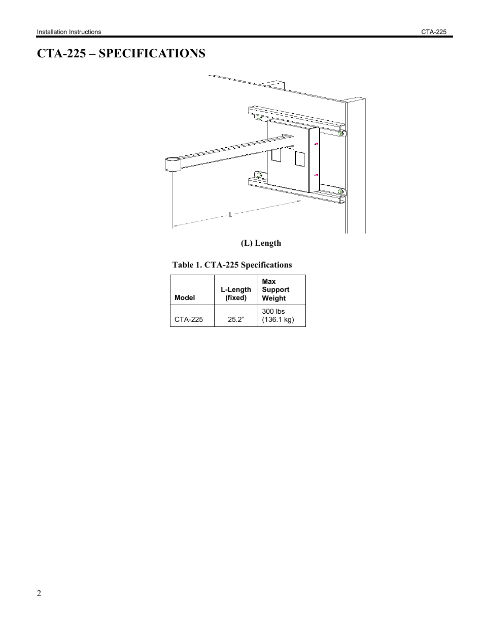 Cta-225 – specifications | Chief Manufacturing Dual Stud Wall Arm CTA-225 User Manual | Page 2 / 8