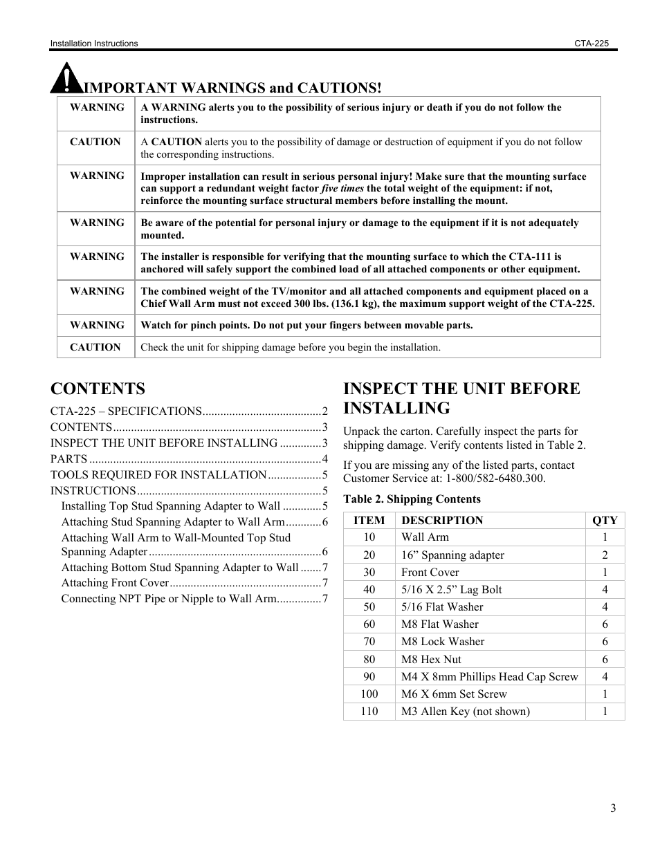 Chief Manufacturing Dual Stud Wall Arm CTA-225 User Manual | Page 3 / 8