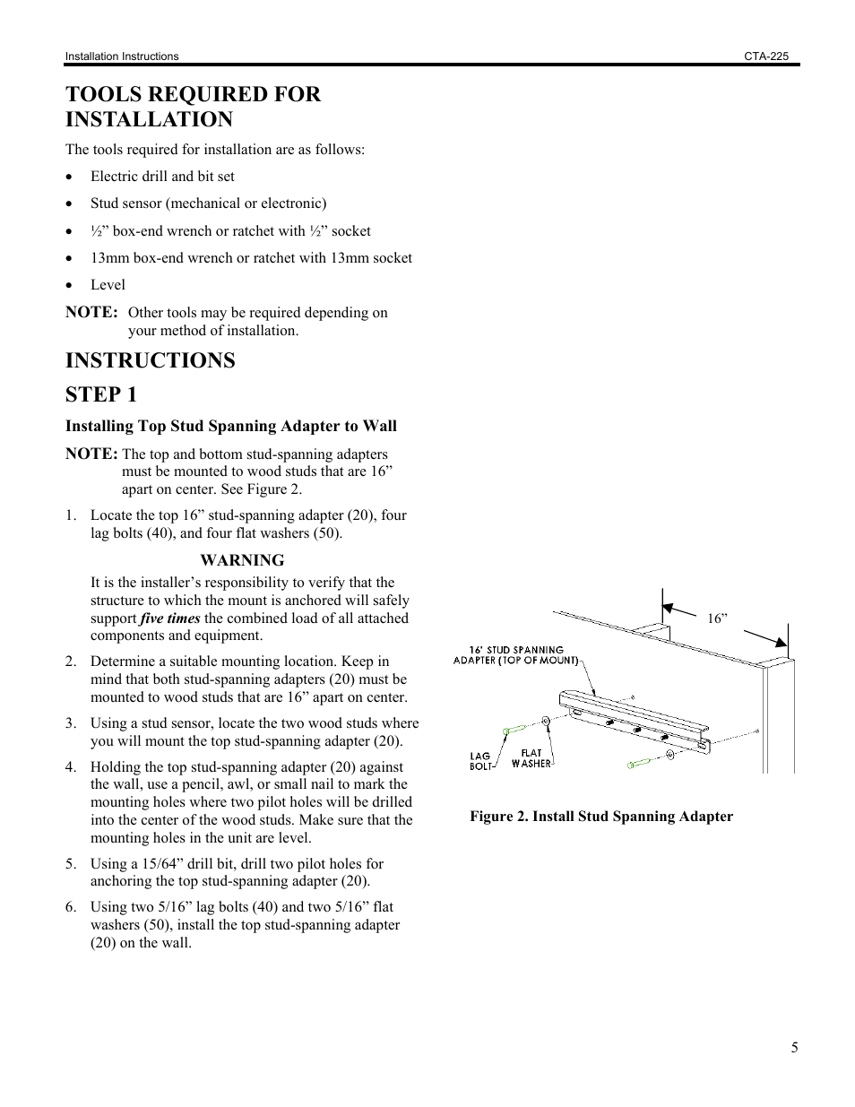 Tools required for installation, Instructions step 1 | Chief Manufacturing Dual Stud Wall Arm CTA-225 User Manual | Page 5 / 8