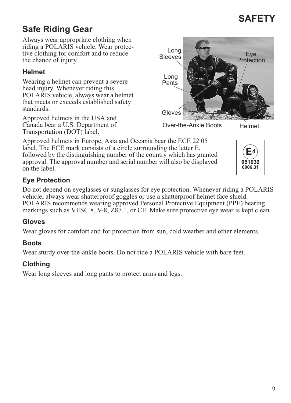 Safety, Safe riding gear | Polaris 2013 Ranger 800 Midsize User Manual | Page 11 / 93