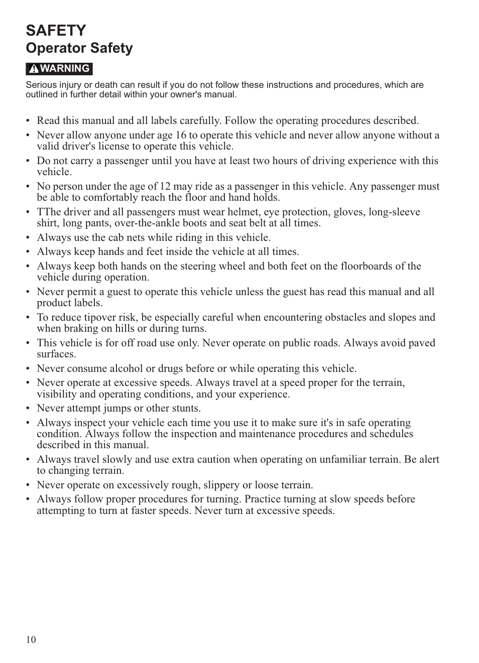 Safety, Operator safety | Polaris 2013 Ranger 800 Midsize User Manual | Page 12 / 93