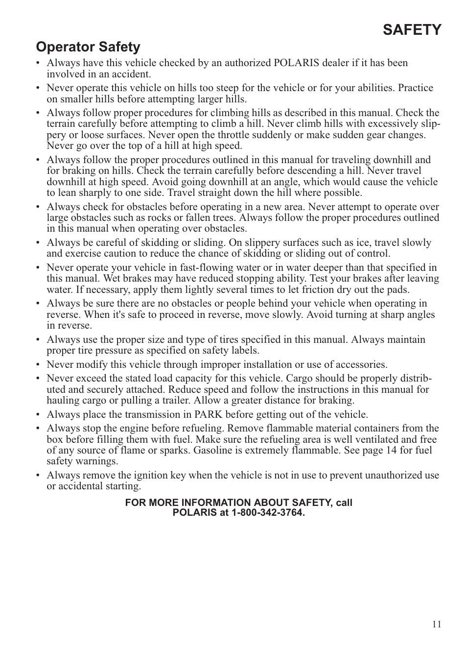Safety, Operator safety | Polaris 2013 Ranger 800 Midsize User Manual | Page 13 / 93