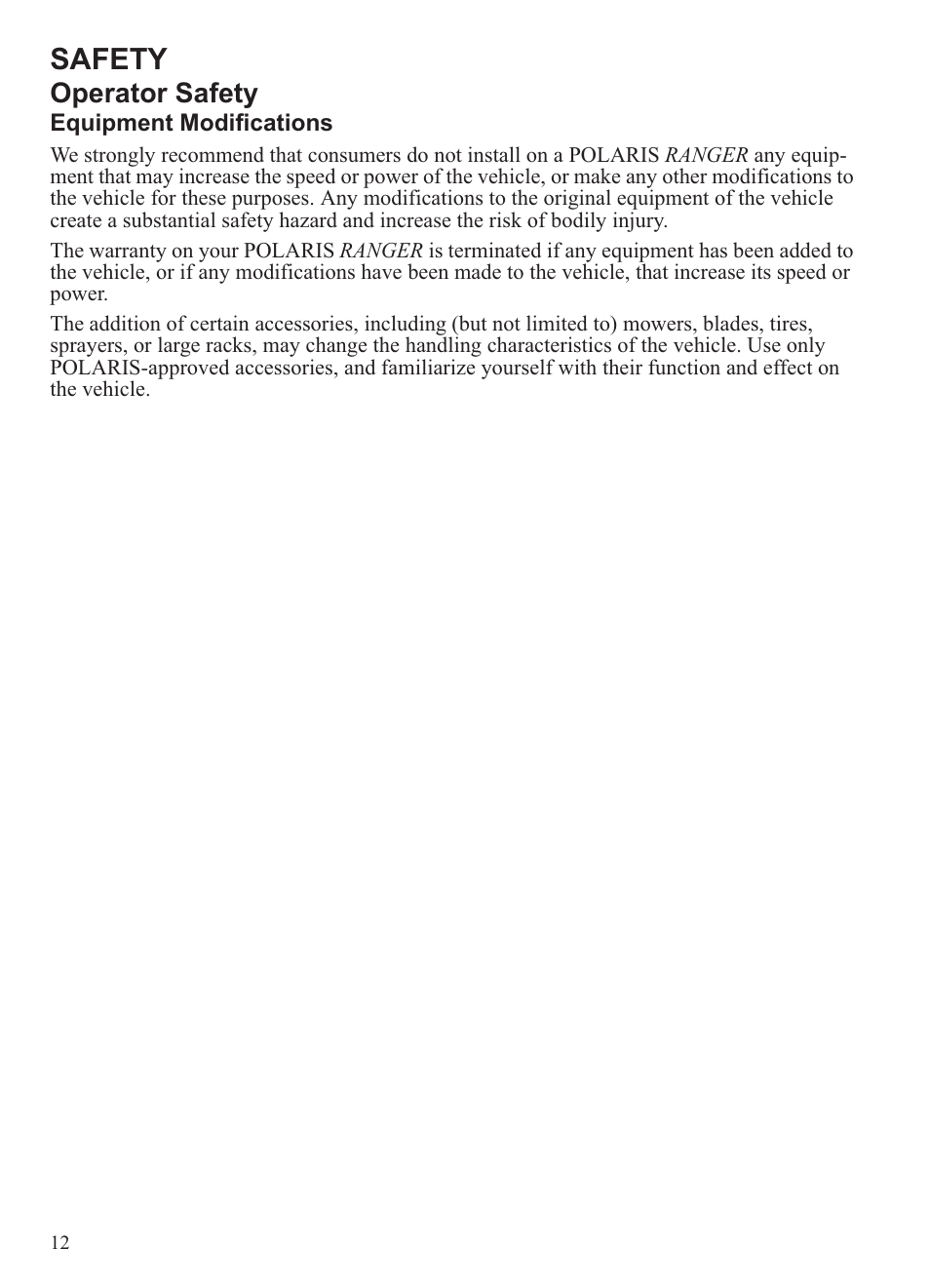 Safety, Operator safety | Polaris 2013 Ranger 800 Midsize User Manual | Page 14 / 93