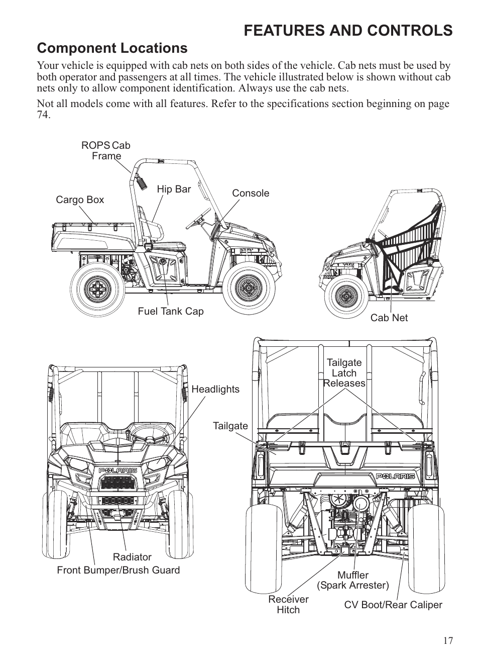 Features and controls, Component locations | Polaris 2013 Ranger 800 Midsize User Manual | Page 19 / 93