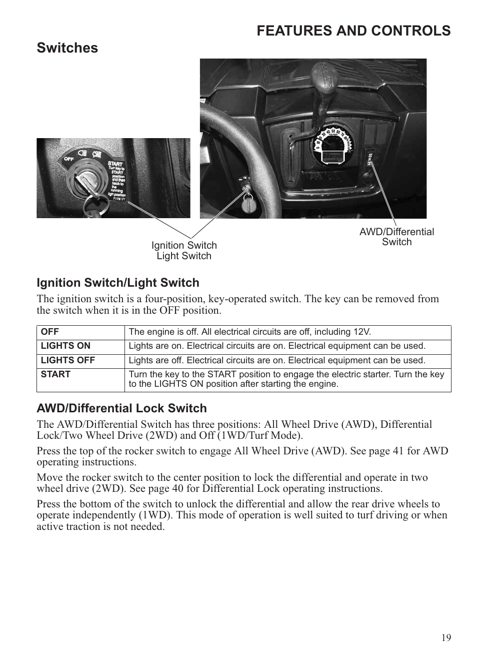 Features and controls switches | Polaris 2013 Ranger 800 Midsize User Manual | Page 21 / 93