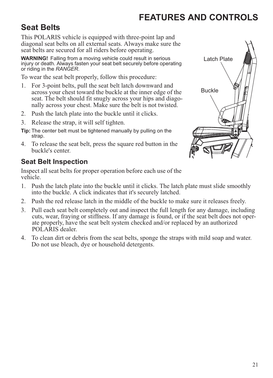 Features and controls, Seat belts | Polaris 2013 Ranger 800 Midsize User Manual | Page 23 / 93