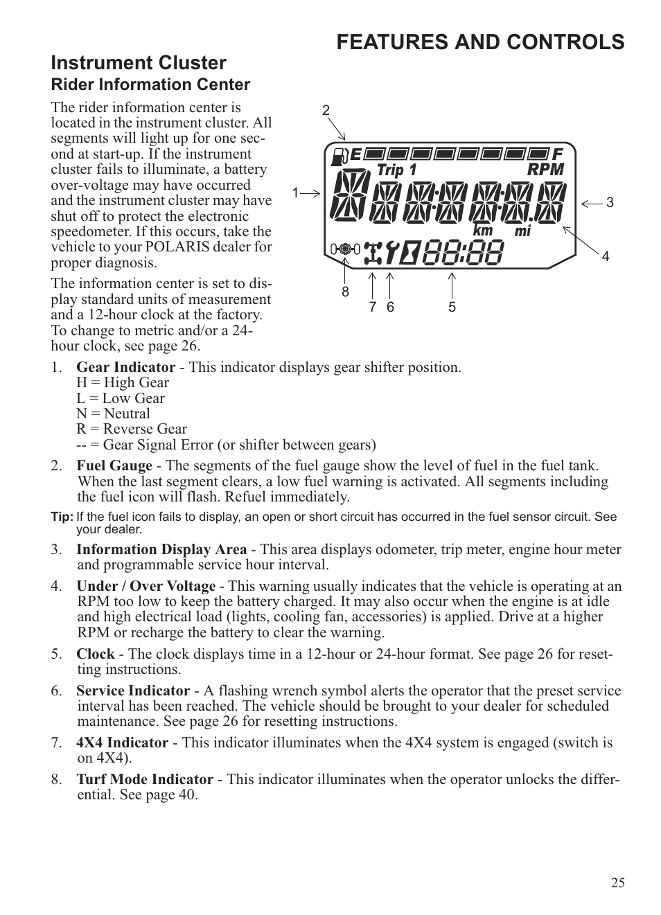 Features and controls, Instrument cluster | Polaris 2013 Ranger 800 Midsize User Manual | Page 27 / 93