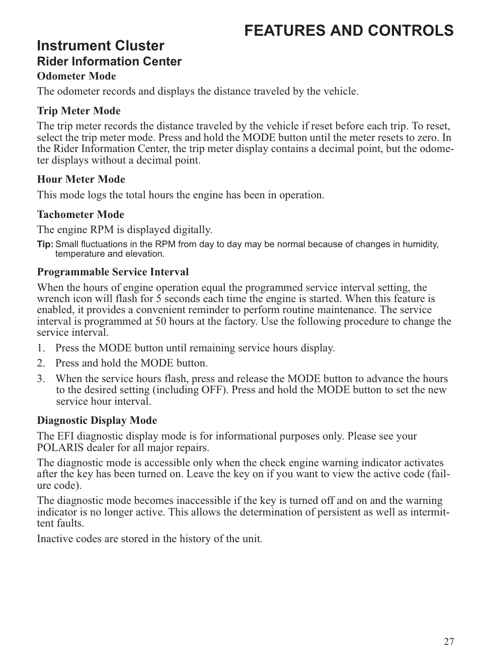 Features and controls, Instrument cluster | Polaris 2013 Ranger 800 Midsize User Manual | Page 29 / 93